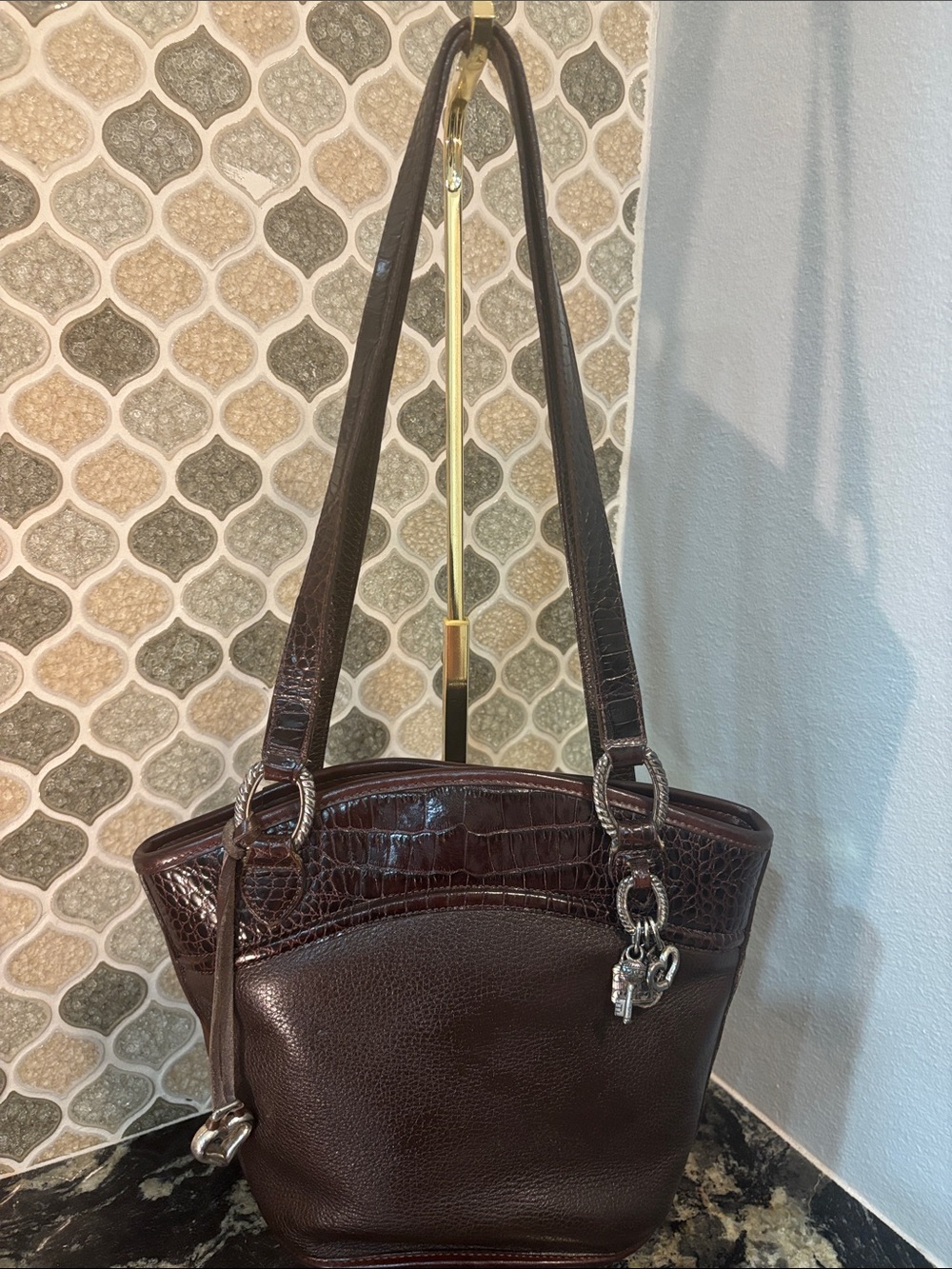 Brighton Dark Brown Croc-Trim Shoulder Bag with Charm